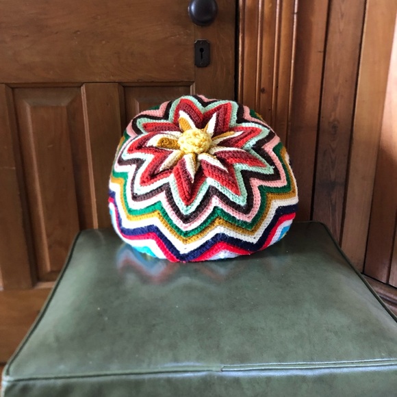 Vtg Hand Knit Multicolour Pouf Pillow - Picture 1 of 14